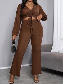 Maweii Plus Size Women's Shiny Pleated Crop Top And Long Pants Set - Rust Brown - View 1