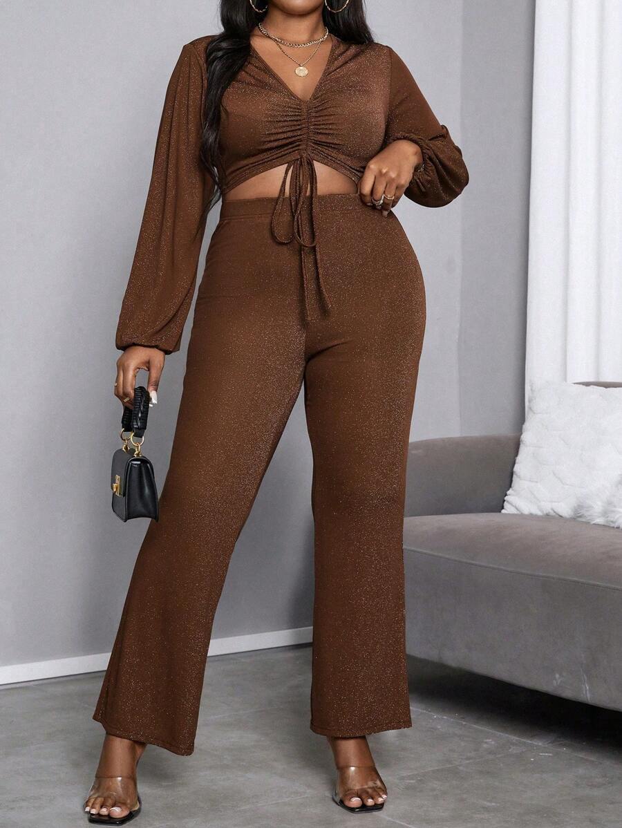 Maweii Plus Size Women's Shiny Pleated Crop Top And Long Pants Set - Rust Brown - View 1