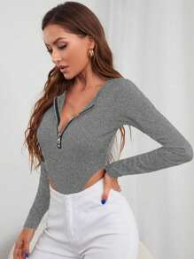 SHEIN Essnce 拉鍊前半襟t恤連身衣 - 深灰色 - 查看 5