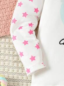 Young Girl Star Patch Cartoon Print Snug Fit Pajama Set - White - View 3