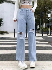 Teen Girls' Vintage Street Ripped Wide Leg Jeans, Basic And Relaxed Fitting - Light Wash - View 1