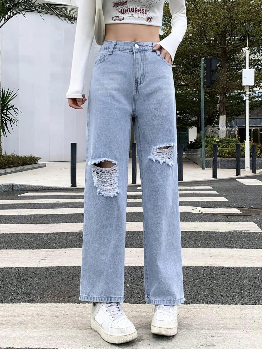 Teen Girls' Vintage Street Ripped Wide Leg Jeans, Basic And Relaxed Fitting - Light Wash - View 1