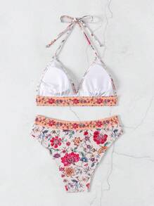 SHEIN Swim Conjunto de bikini con cuello de halter y estampado floral para mujer, nuevo para el verano y el año nuevo