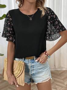 SHEIN LUNE Quý cô In hoa Ngắn tay Vòng cổ Áo sơ mi Với Bùng nổ - màu đen - Xem 1