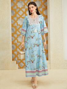 Al Najma 女式几何花卉印花流苏连衣裙，阿拉伯风格，端庄大方 - 藍色 - 查看 4