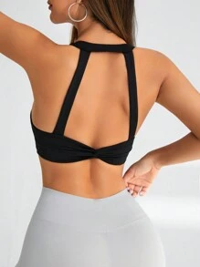 Easithlete Women's Solid Color Twist-Front Sports Bra - Black - View 2