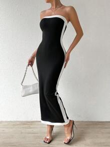 RosyDaze Women'S Colorblock Ruffle Hem Strapless Mermaid Dress Maxi Women Outfit - Black - View 4