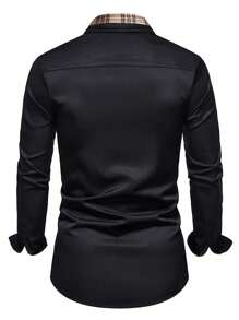 Men's Casual Business Plaid Patchwork Long Sleeve Button-Down Shirt, Spring & Autumn, Fall - Black - View 2