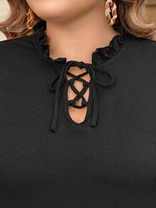 SHEIN LUNE Plus Size Women's Short Flutter Sleeve Tie-Neck Dress - Black - View 1