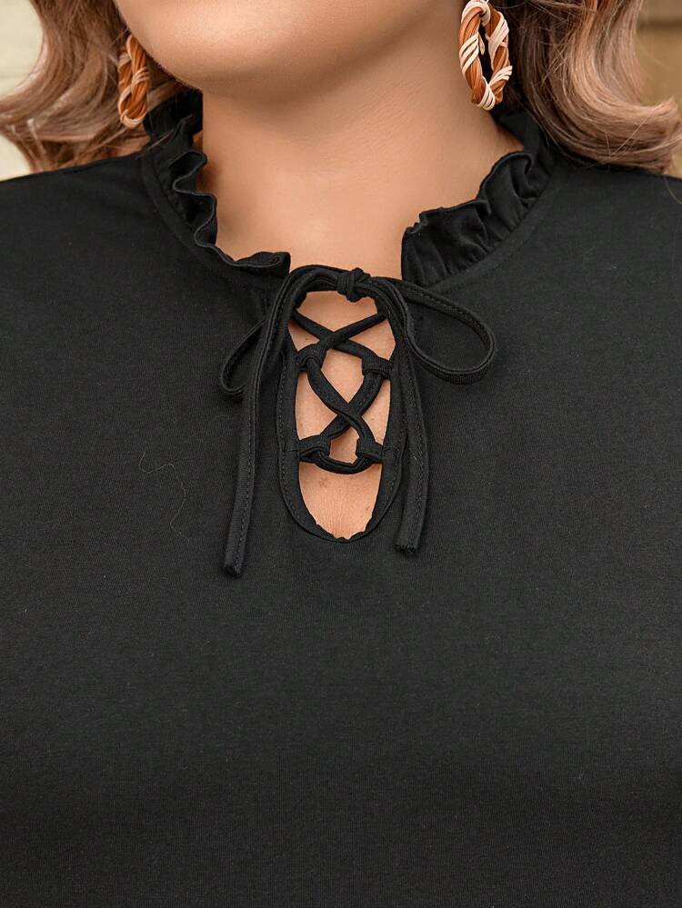 Plus Size Women's Short Flutter Sleeve Tie-Neck Dress