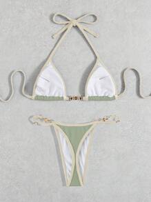 Swim Vcay Summer Beach Contrast Binding Halter Triangle Bikini Set - Army Green - View 3