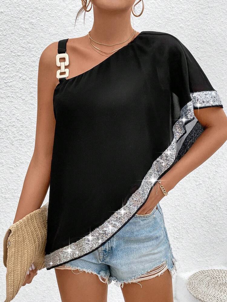 Women's Sparkly Patchwork Asymmetrical Collar Shirt