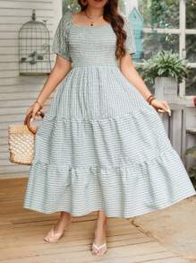 SHEIN VCAY 格紋荷葉邊大尺碼女裝彈性腰連衣裙 - 薄荷綠 - 查看 1