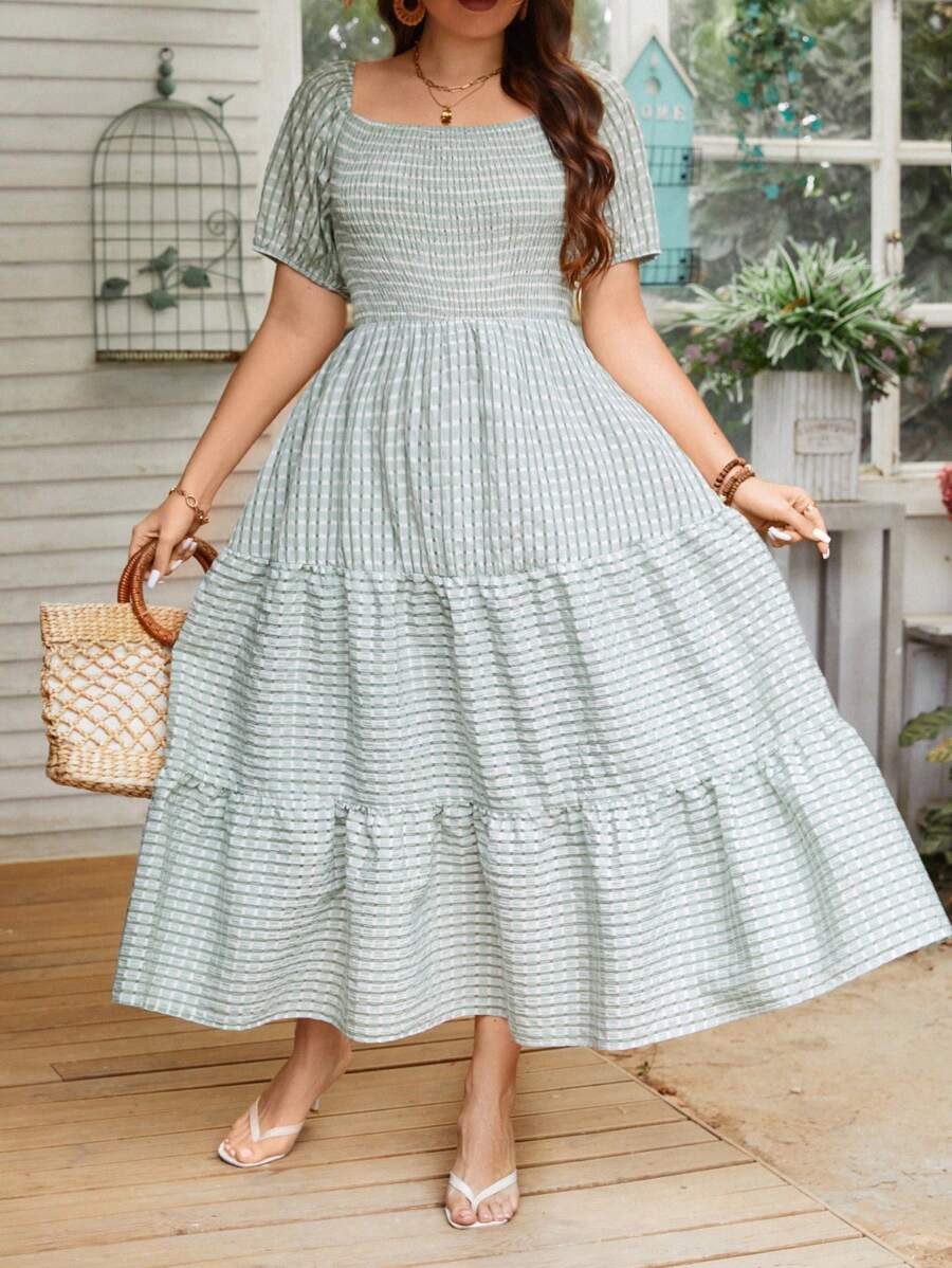 SHEIN VCAY 格紋荷葉邊大尺碼女裝彈性腰連衣裙 - 薄荷綠 - 查看 1