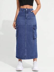 SHEIN EZwear Women's Denim Cargo Skirt - Blue - View 5