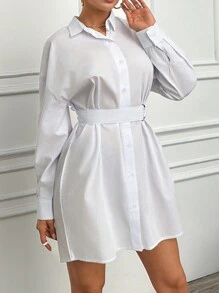 RueChic Drop Shoulder Shirt Dress - White - View 4