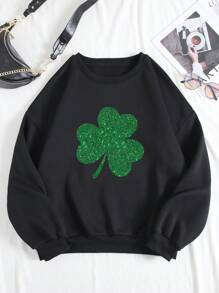 SHEIN LUNE Kích thước lớn Của phụ nữ Cỏ ba lá In Vòng cổ Áo nỉ - màu đen - Xem 2