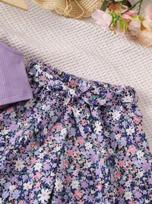 SHEIN Vintaside Kids 女孩純色上衣與印花寬腳褲套裝 - 彩色 - 查看 3