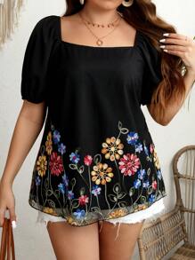 Breezaya Haut À Manches Bouffantes Grande Taille Pour Femmes Avec Broderie Florale - Multicolore - Voir 5