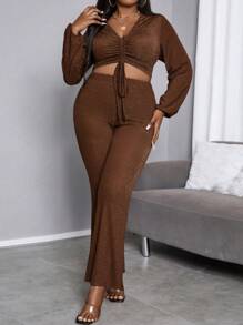 Maweii Plus Size Women's Shiny Pleated Crop Top And Long Pants Set - Rust Brown - View 3