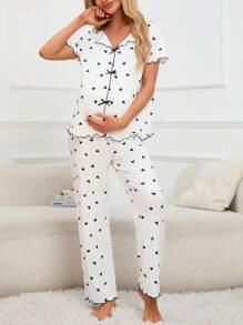 Moonlight&Mama Maternity Love Pattern Contrast Binding Pajama Set - White - View 4