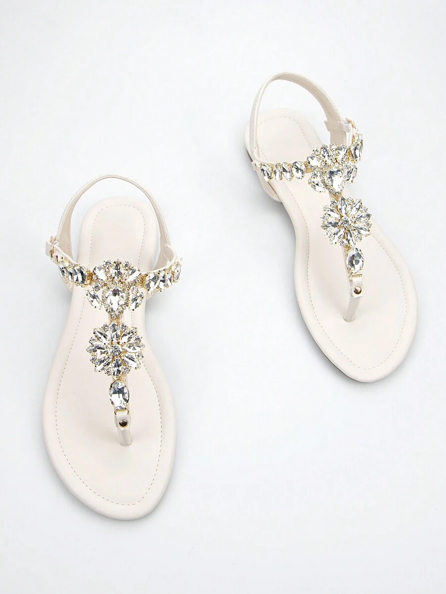 Women's Gorgeous Rhinestone Chain Buckle Decor Beige Ankle Strap Flat Sandals For Casual Parties Valentines,Flip Flops,Spring Summer Outfits