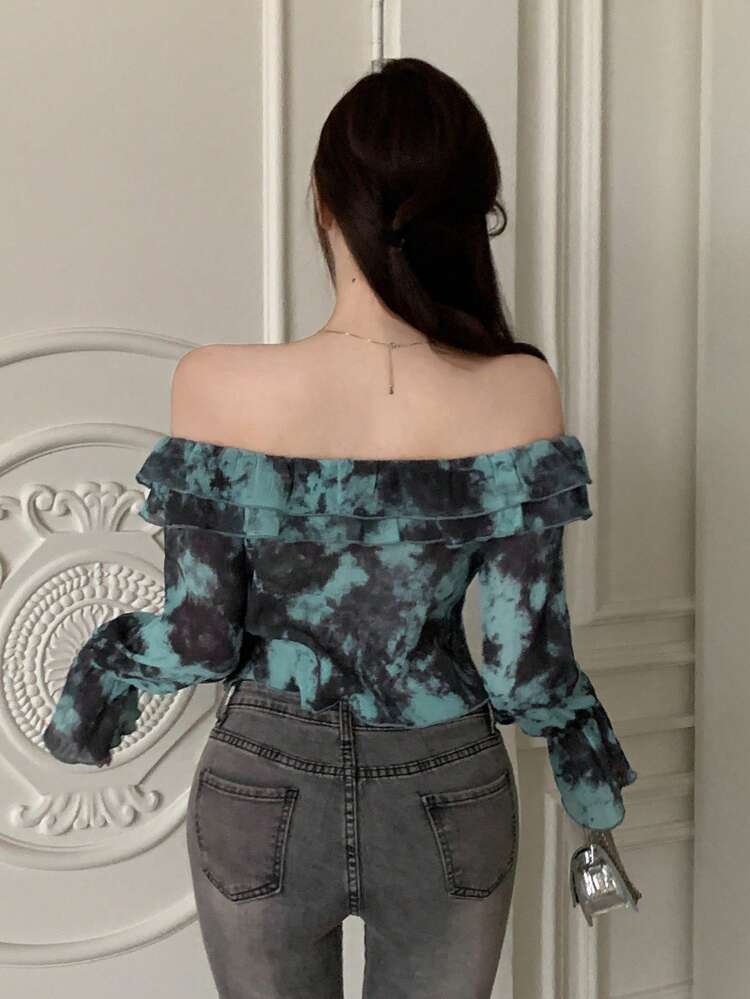Women's Full-Body Floral Print Off-Shoulder Ruffle Hem Long Sleeve Blouse,Off Shoulder Top