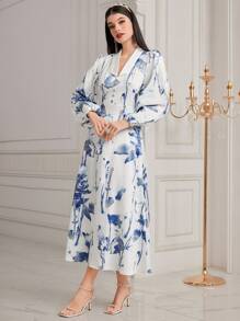 Modelyn Đầm dài tay in hoa cho nữ Đầm dạ hội dài - Xanh và trắng - Xem 5