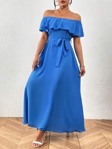 Chiquease 女式純色露肩荷葉邊裝飾腰部束緊連衣裙 - 藍色 - 查看 5