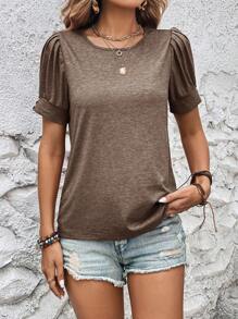 EMERY ROSE Women's Solid Color Round Neck Short Sleeve Casual T-Shirt - Camel - View 3