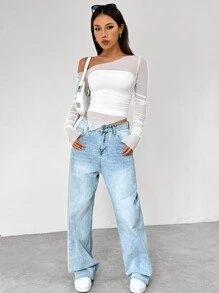 Flirla Camiseta Informal Con Escote Asimétrico Y Empalme De Malla Para Mujer - Blanco - Ver 4