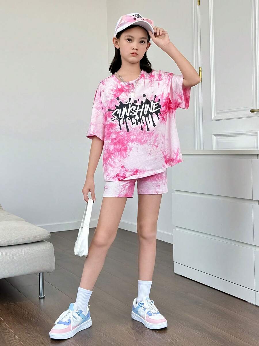 Cô gái Tween Đan Nhuộm buộc Vòng cổ Lỏng lẻo Áo thun Và Đan Lỏng lẻo Bộ quần short - Nhiều màu - Xem 1