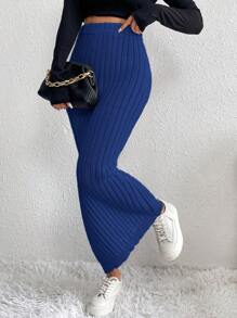 SHEIN LUNE Women's Knit Ribbed Sweater Skirt - Blue - View 3