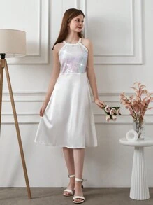 RueChic Teen Girls' Patchwork Sequin Halterneck Dress - White - View 4