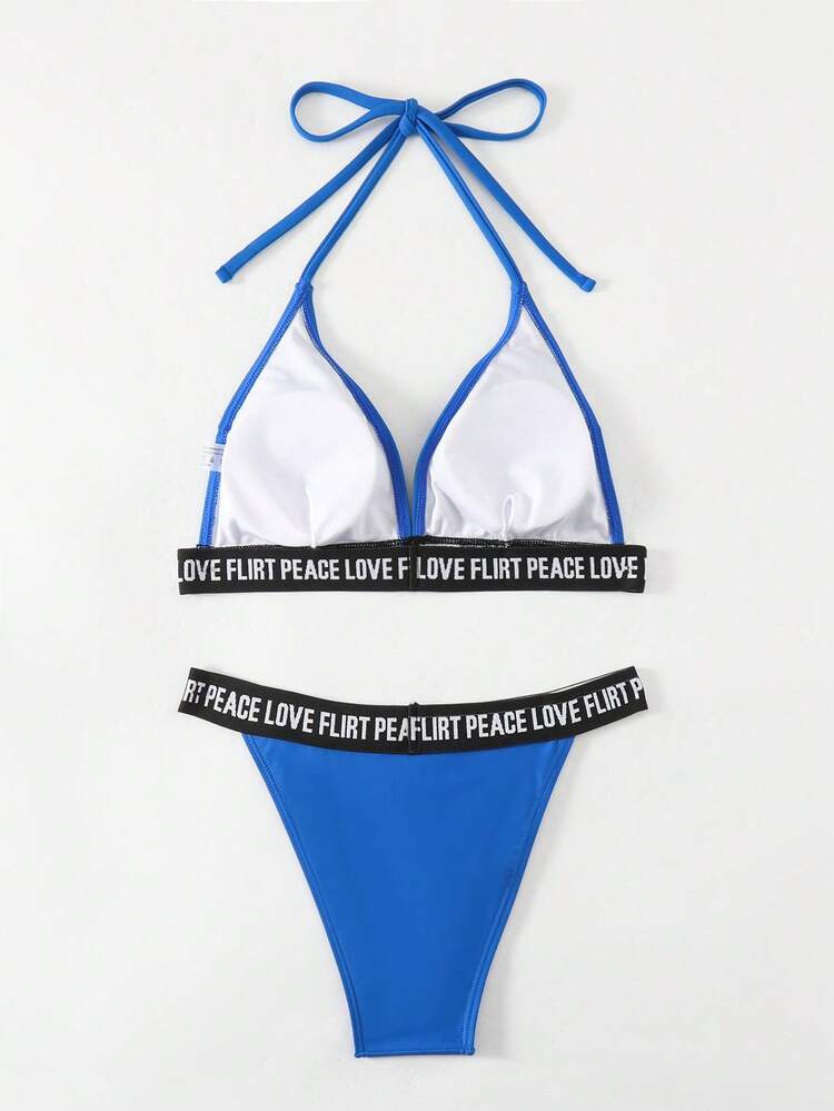 Summer Women'S Letter Printed V-Neck Halter Bikini Set With Straps Music Festival