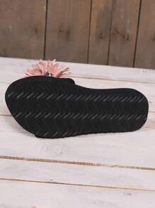 流苏花朵女士凉拖鞋，露趾圆头轻便平底鞋，休闲弹力轻便女士沙滩鞋，女士百搭凉拖鞋 - 粉色 - 查看 7