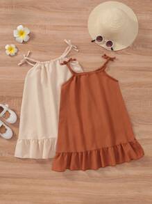 SHEIN Vintaside Kids 夏日年輕女孩的簡單休閒無袖細肩帶蝴蝶結設計寬鬆a字裙 - 彩色 - 查看 2