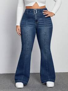 SHEIN EZwear Của phụ nữ Kích thước lớn Denim Quần loe - Màu xanh bụi bặm - Xem 1