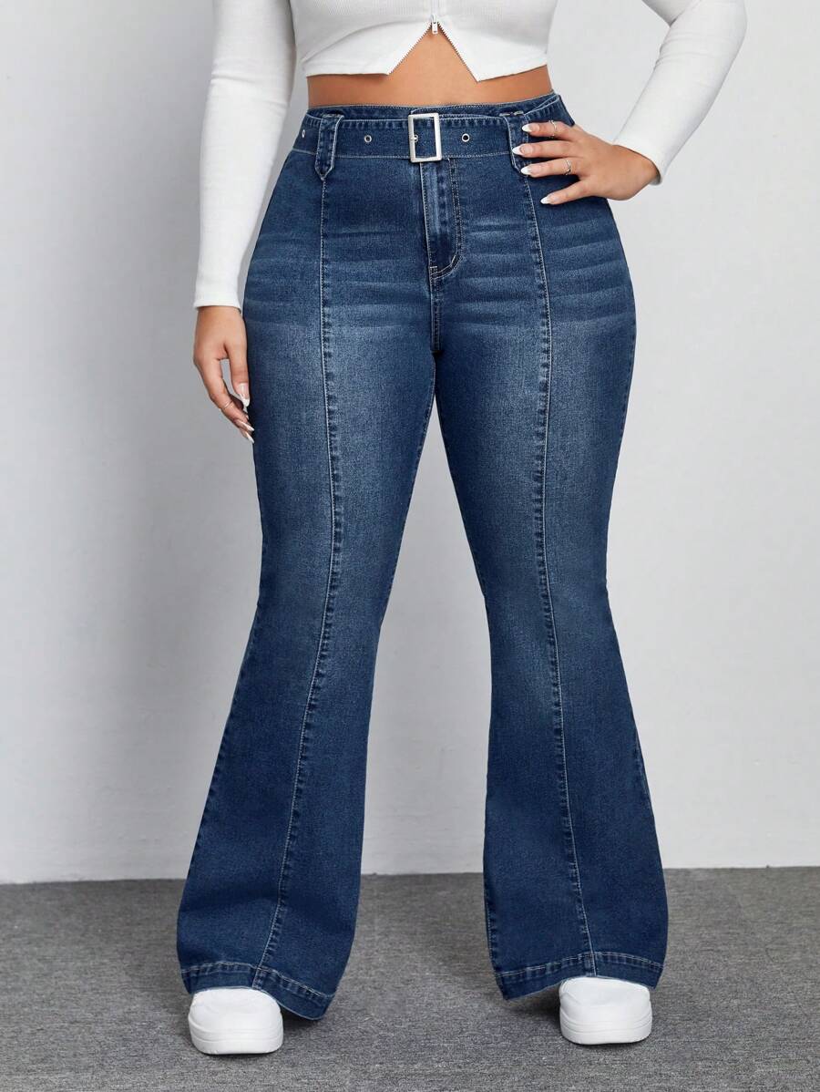 SHEIN EZwear Của phụ nữ Kích thước lớn Denim Quần loe - Màu xanh bụi bặm - Xem 1