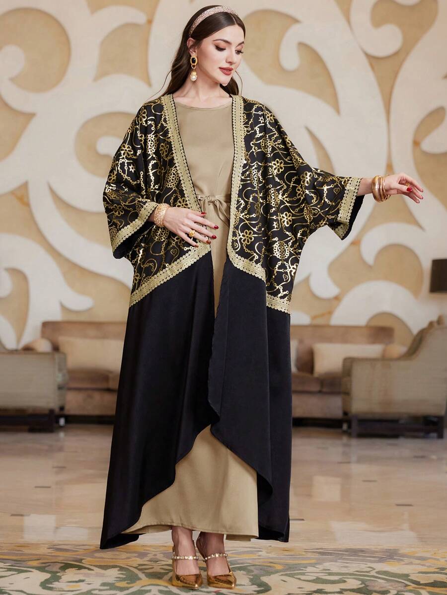 Al Najma Women's Sleeveless Belted Dress + Batwing Sleeve Asymmetric Hem Coat Kaftan 2pcs/Set, Elegant Luxury Evening Party Style 2 Piece Set - Multicolor - View 1