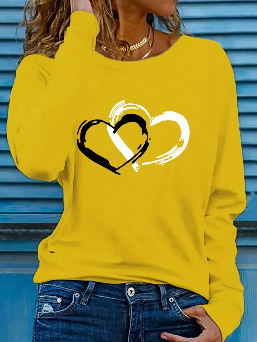 INAWLY Women's Heart Printed Long Sleeve T-Shirt Graphic Tees Women Tops For Spring Outfit Fall Cloth For Women - Yellow - View 1