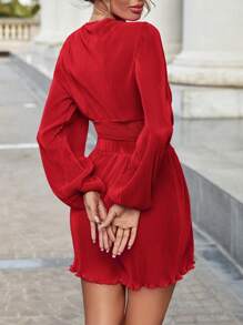 Firerie 女式纯色 V 领灯笼袖上衣和短裤两件套 - 紅色 - 查看 2