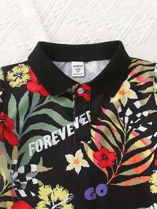 SHEIN 少年童裝熱帶印花網格舒適款polo衫,適合春夏假期穿搭風格 - 黑色 - 查看 3