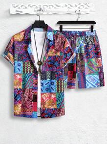 Manfinity RSRT Men'S Printed Short Sleeve Shirt And Shorts Set , Graphic , Vacation , Husband , Colorful , Casual - Purple - View 5