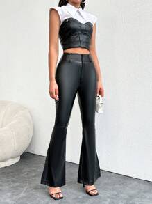 EURMUSE Ladies' Plain Casual Flared Pants - Black - View 4