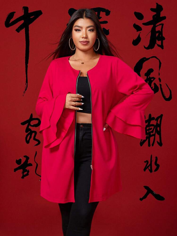 Women'S Plus Size Zipper Up Ruffle Sleeve Jacket Fall Cloth For Women