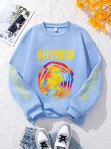 Teen Girls' Expression & Letter Printed Fleece Sweatshirt - Blue - View 1