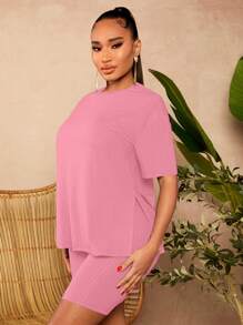 SHEIN SXY Quý cô Màu thuần Đồ đan Ribbed Bộ - Màu Hồng baby - Xem 3