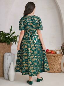 Tween Girl Metallic Gold Floral Pattern Belted Dress - Dark Green - View 2