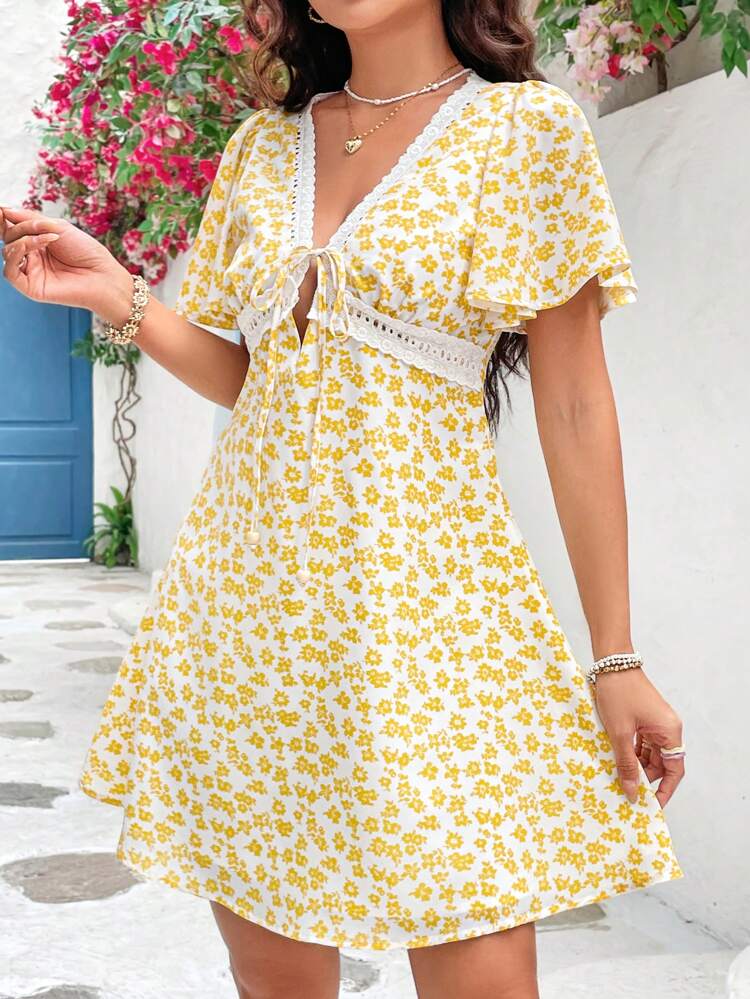 Women's Floral Printed Front Tie Waist Dress